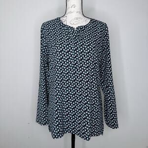 Van Heusen Women's Blue Green Geometric Print Long Sleeve Spit Neck Blouse Large